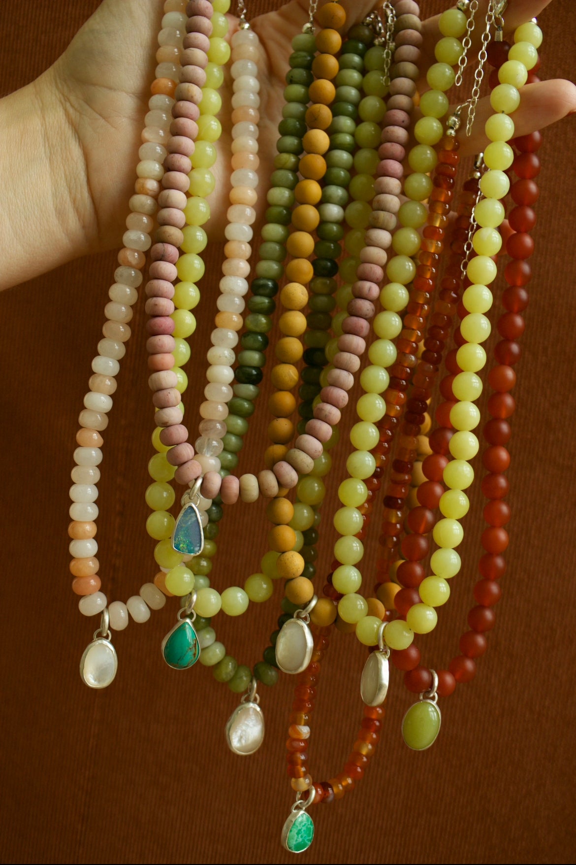 peach aventurine/ mother of pearl beaded necklace