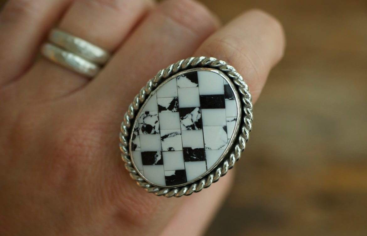 checkered white buffalo ring size 7.5