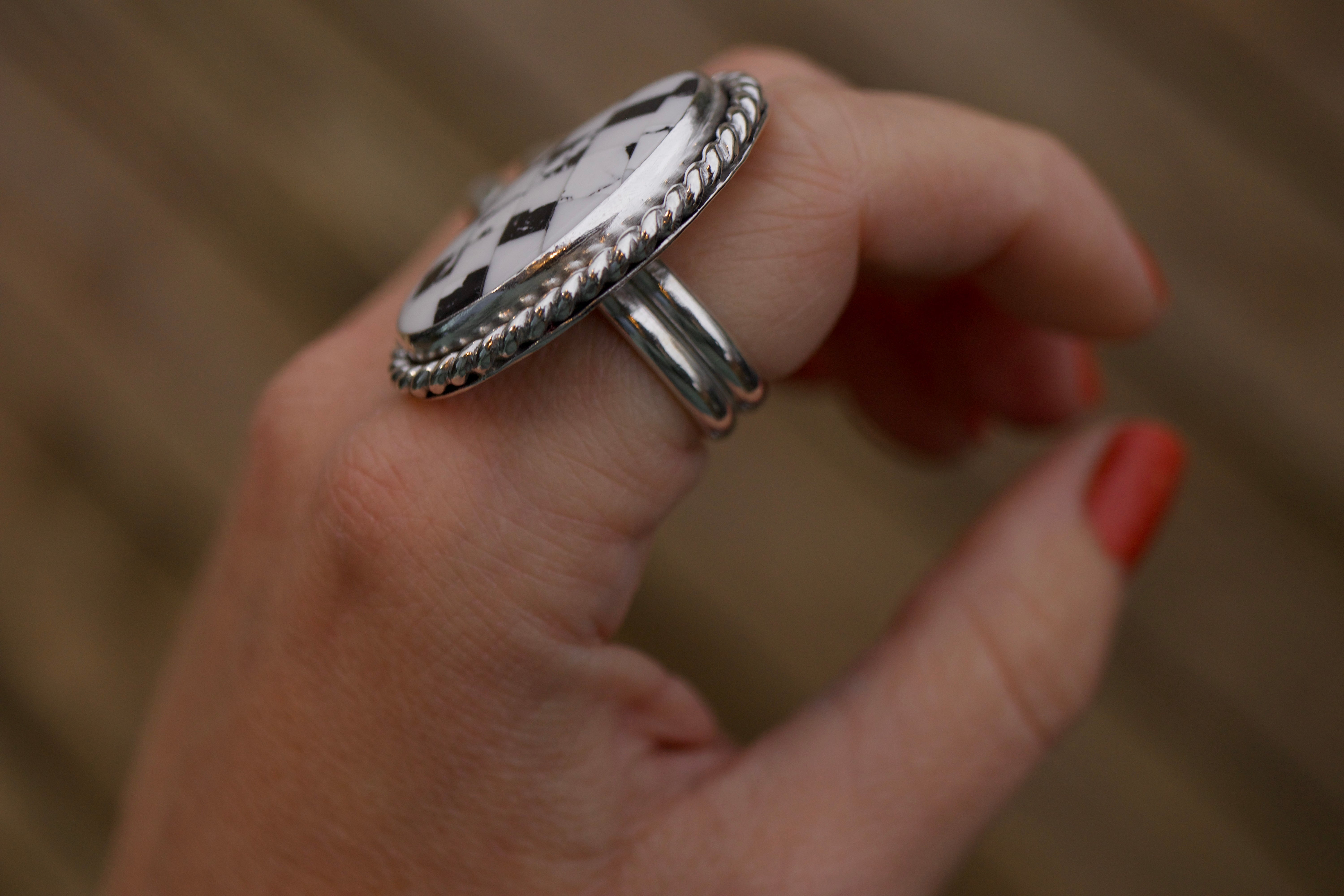 checkered white buffalo ring size 7.5